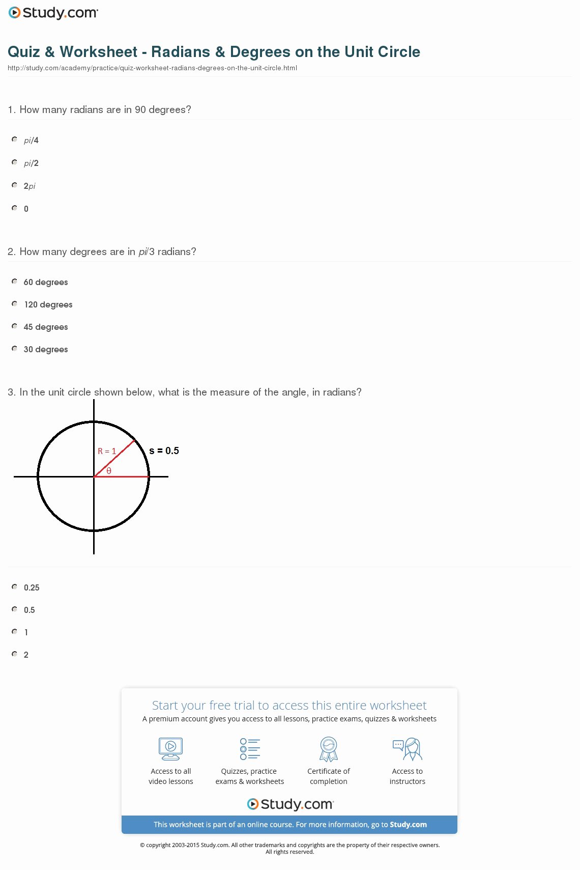 Unit Circle Practice Worksheet Awesome Quiz &amp; Worksheet Radians &amp; Degrees On the Unit Circle