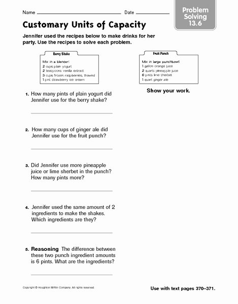 Unit Conversion Word Problems Worksheet New Customary Units Of Capacity Problem solving 13 6 Worksheet