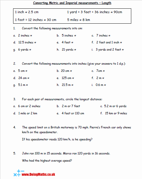 Unit Conversion Worksheet Pdf Inspirational Metric and Imperial Conversions Doingmaths Free Maths