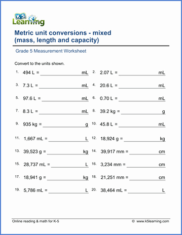 Unit Conversion Worksheet Pdf Unique Grade 5 Math Worksheets Metric Units Of Measurement