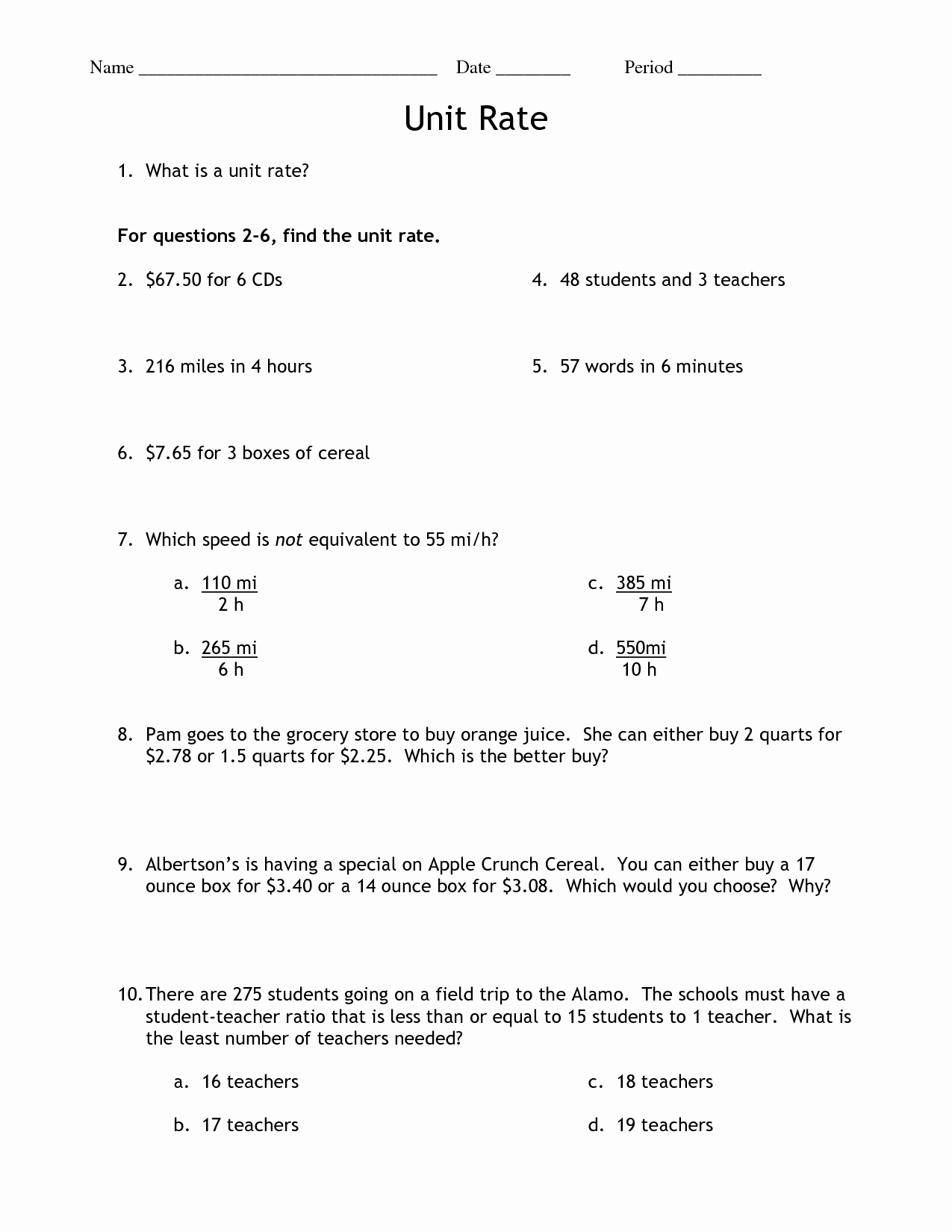 Unit Rate Word Problems Worksheet Best Of 14 Best Of Unit Rate Worksheets 6th Grade Unit