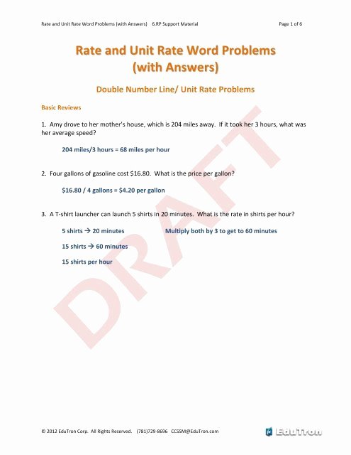 Unit Rate Word Problems Worksheet Lovely 08 Rate and Unit Rate Word Problems with Answers Pdf