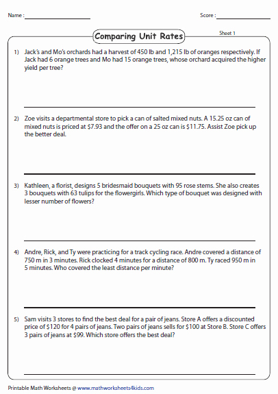 Unit Rate Word Problems Worksheet Lovely Unit Rate Word Problems Paring Unit Rates