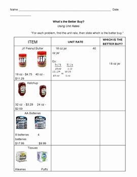 Unit Rate Worksheet 6th Grade Best Of Unit Rates What S the Better Buy Mon Core 6 Rp 7 Rp