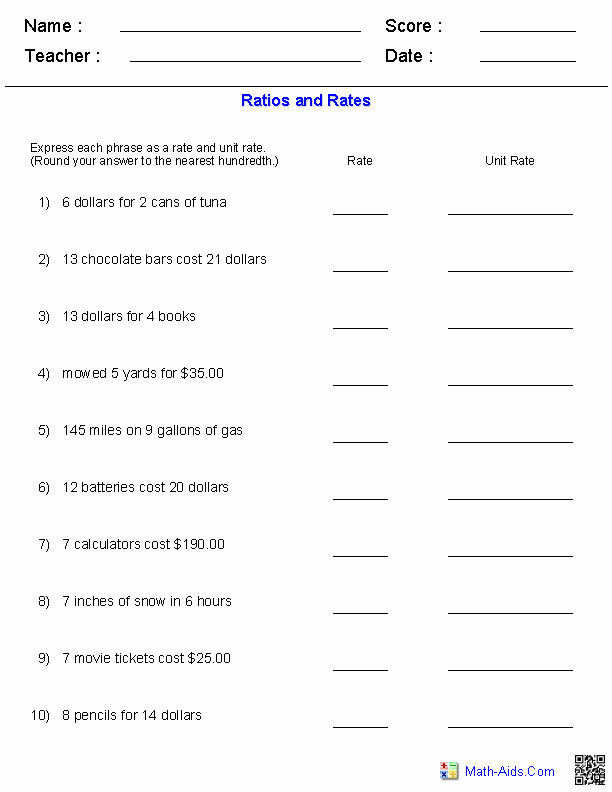 50 Unit Rate Worksheet 6th Grade