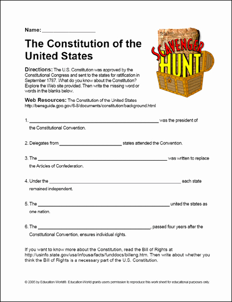 United States Constitution Worksheet Unique Scavenger Hunt &quot;the U S Constitution&quot; Worksheet