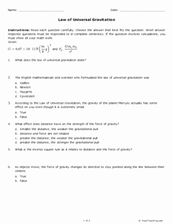 Universal Gravitation Worksheet Answers Best Of Law Of Universal Gravitation Grade 9 Free Printable
