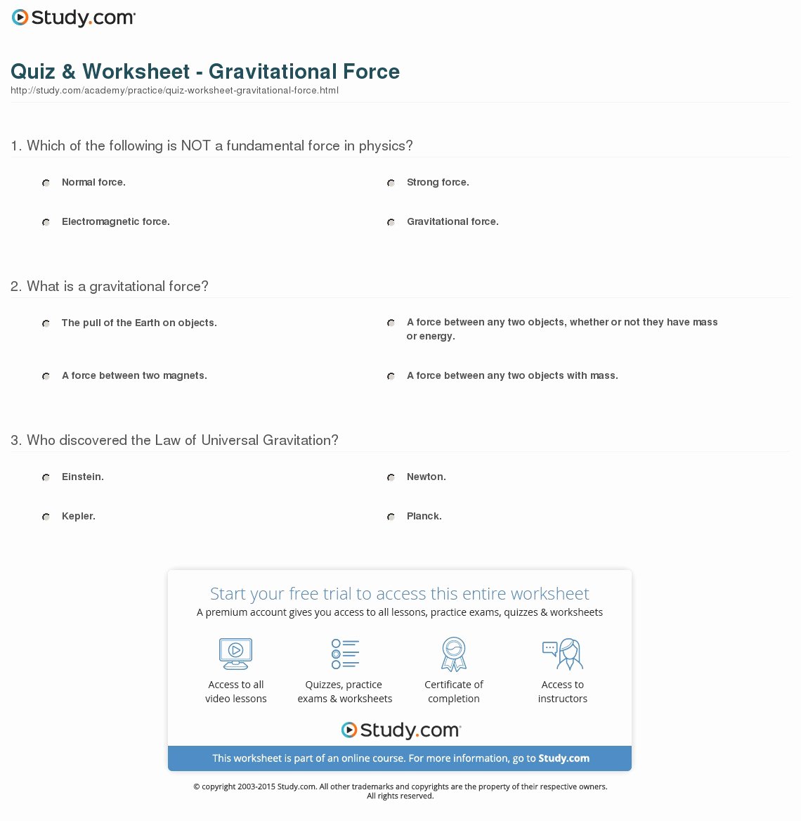Universal Gravitation Worksheet Answers Best Of Quiz &amp; Worksheet Gravitational force