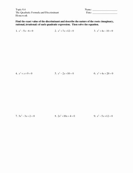 Using the Quadratic formula Worksheet Best Of topic 6 4 the Quadratic formula and Discriminant