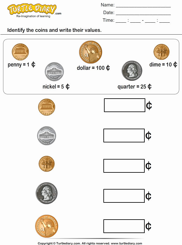 Values Of Coins Worksheet Beautiful Identify Coins and Write their Values Worksheet Turtle Diary