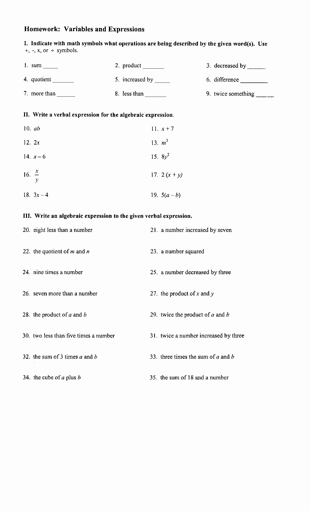 Variables and Expressions Worksheet Answers Beautiful Variables and Expressions Worksheets Worksheets Tutsstar