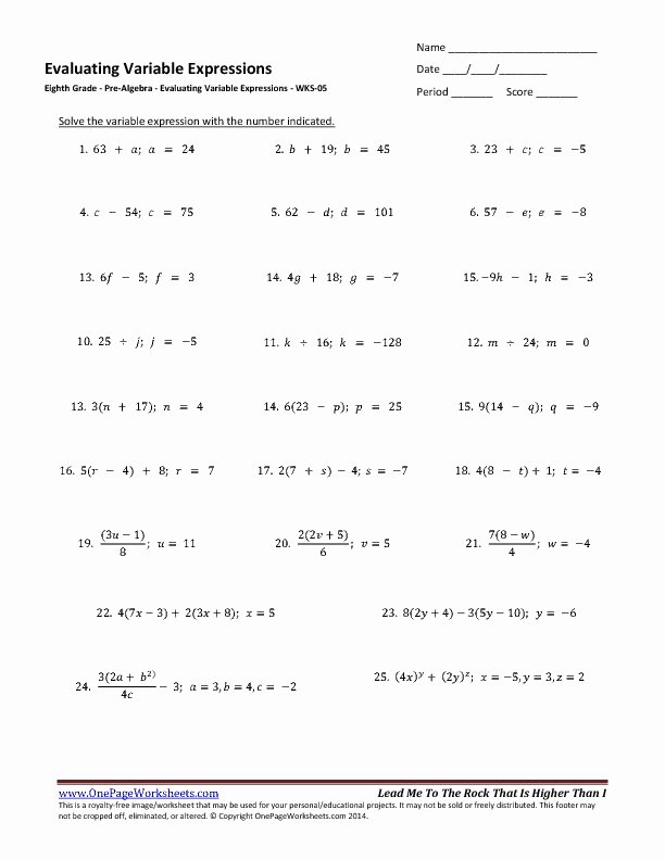 Variables and Expressions Worksheet Answers Best Of 55 9th Grade Algebra Worksheets 8th Grade Pre Algebra