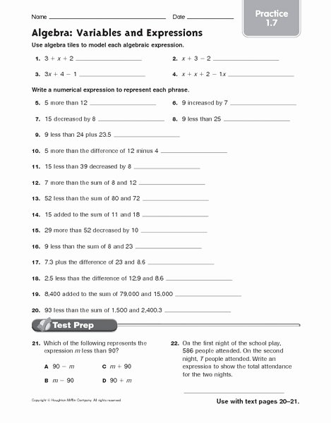 Variables and Expressions Worksheet Answers Inspirational Algebra Variables and Expressions Practice Worksheet for