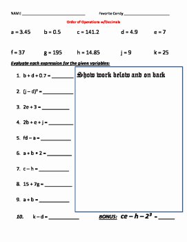 Variables and Expressions Worksheet Answers Inspirational Worksheet Decimals order Of Operations Variables