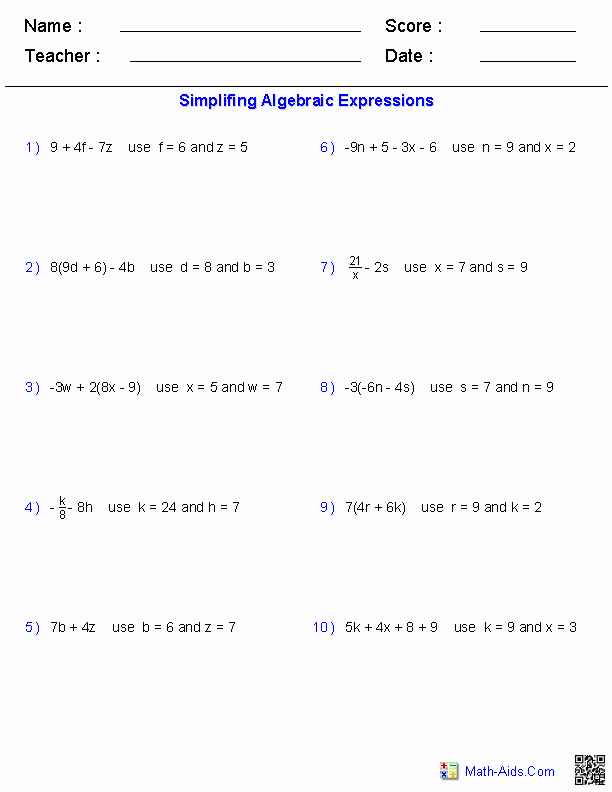 Variables and Expressions Worksheet Answers Luxury Algebra 1 Worksheets