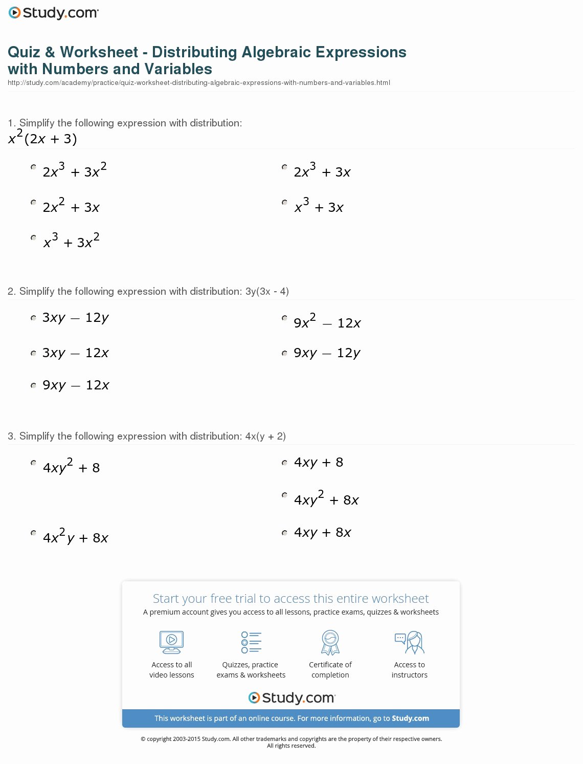 Variables and Expressions Worksheet Answers Luxury Quiz &amp; Worksheet Distributing Algebraic Expressions with