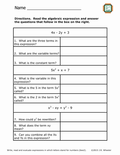Variables and Expressions Worksheet Answers New Identify Parts Of An Expression Worksheet 6 Ee 2 by