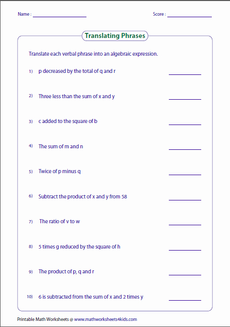 Variables and Expressions Worksheet Answers New Translating Phrases Into Algebraic Expressions Worksheets