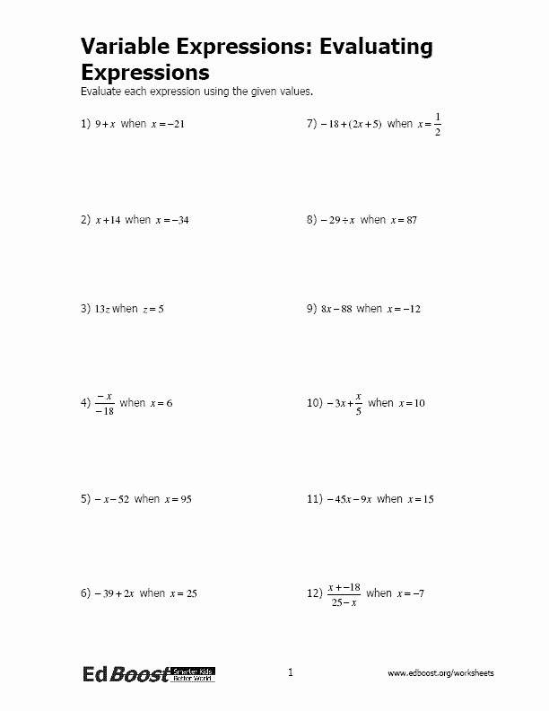Variables and Expressions Worksheet Answers New Variable Expressions Evaluating Expressions