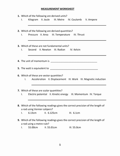 Vector Worksheet Physics Answers Lovely Measurements Scalars and Vectors Worksheet with Answer by