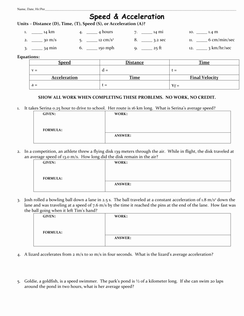Velocity and Acceleration Worksheet Lovely Acceleration Worksheet Fulton County Schools