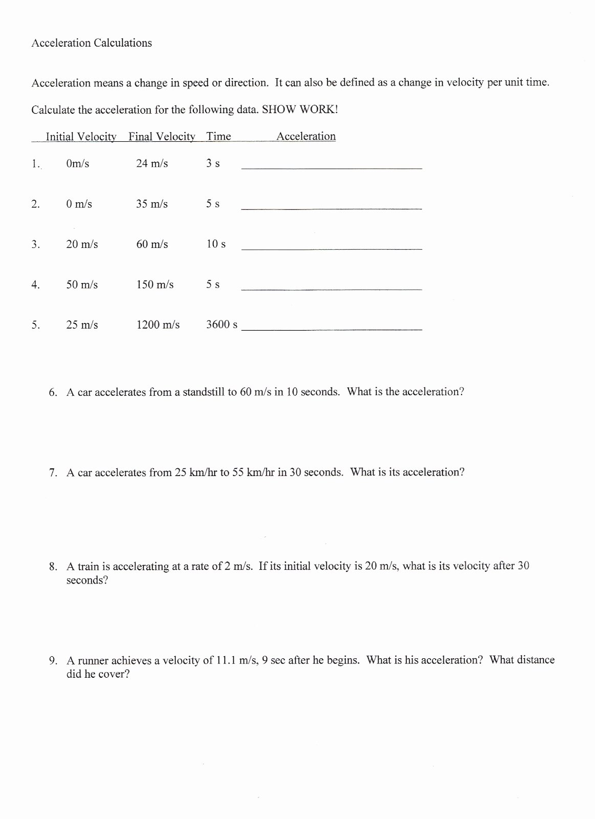 Velocity and Acceleration Worksheet New Worksheets Velocity and Acceleration
