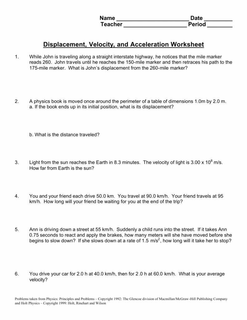 Velocity Worksheet with Answers Best Of Displacement Velocity and Acceleration Worksheet