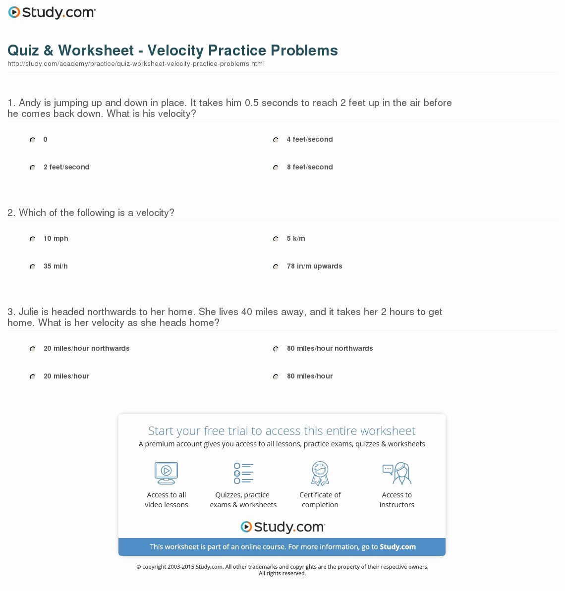 Velocity Worksheet with Answers New Quiz &amp; Worksheet Velocity Practice Problems