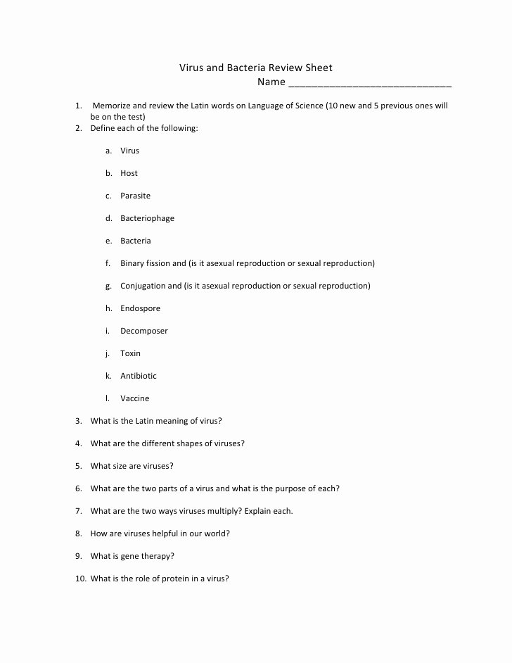 Virus and Bacteria Worksheet Unique Virus and Bacteria Review Sheet