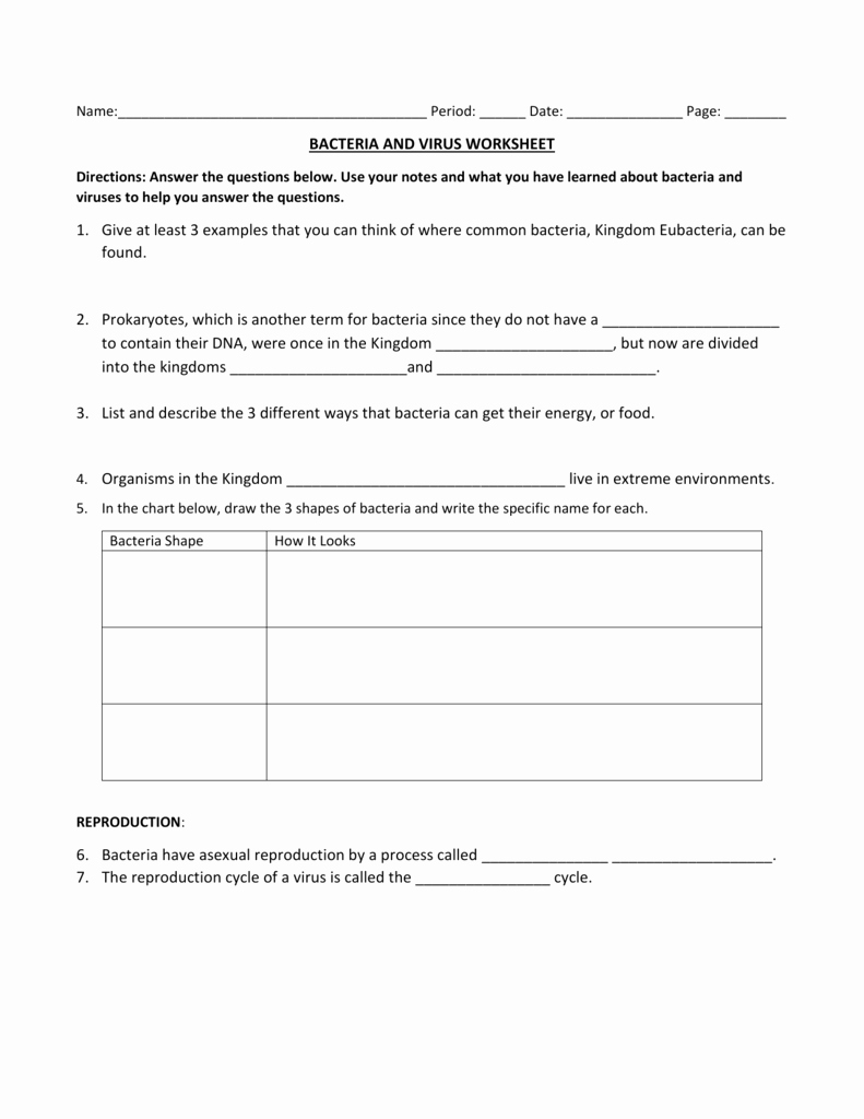 Viruses and Bacteria Worksheet Lovely Bacteria and Virus Worksheet 1 Give at Least 3 Examples