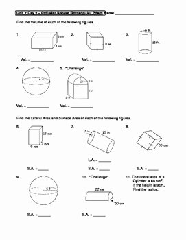 Geometry Unit 7 Cylinder Sphere Rectangular Prism Surface Area Volume Worksheet