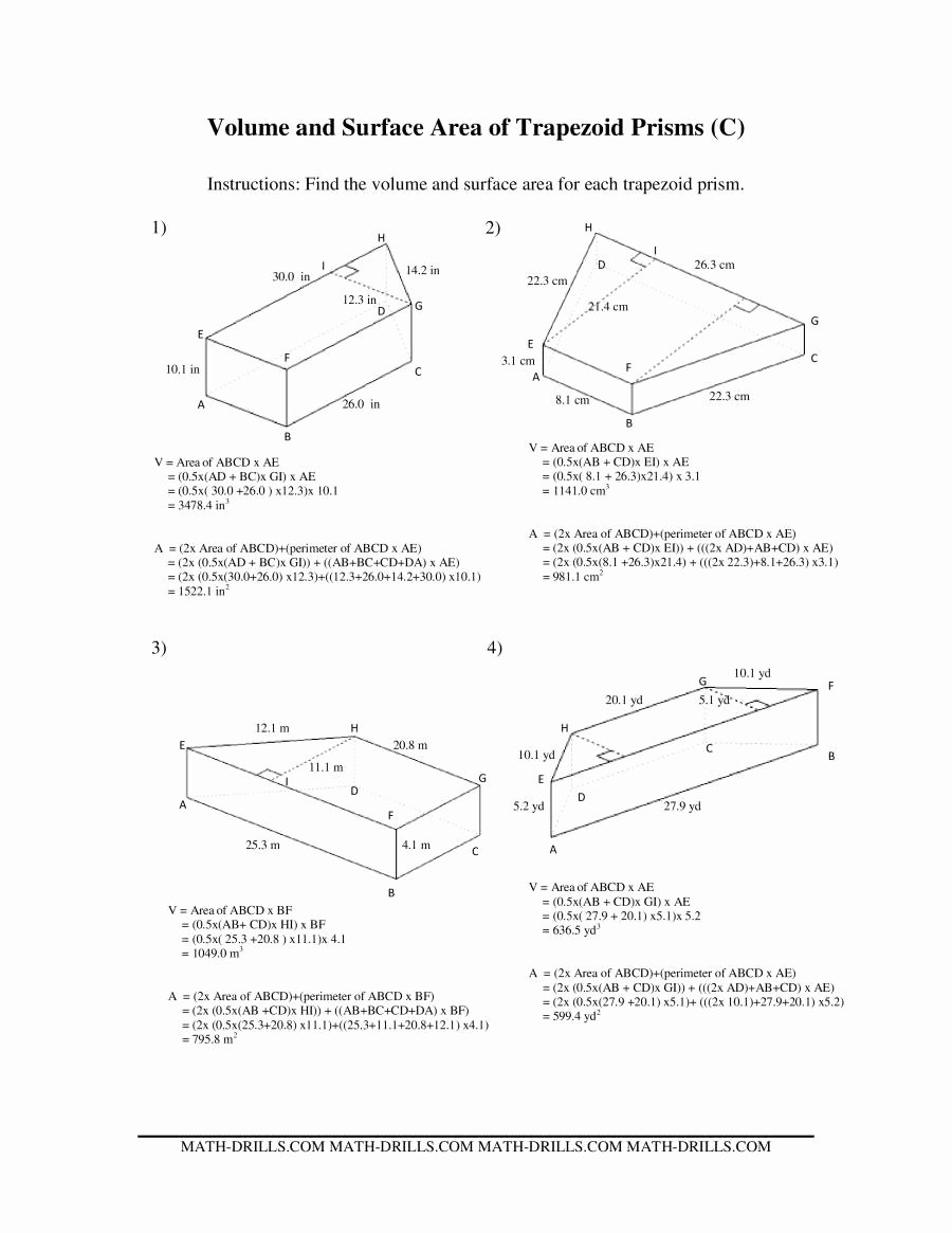 Volume Of Prism Worksheet Fresh Volume and Surface area Of Trapezoid Prisms C