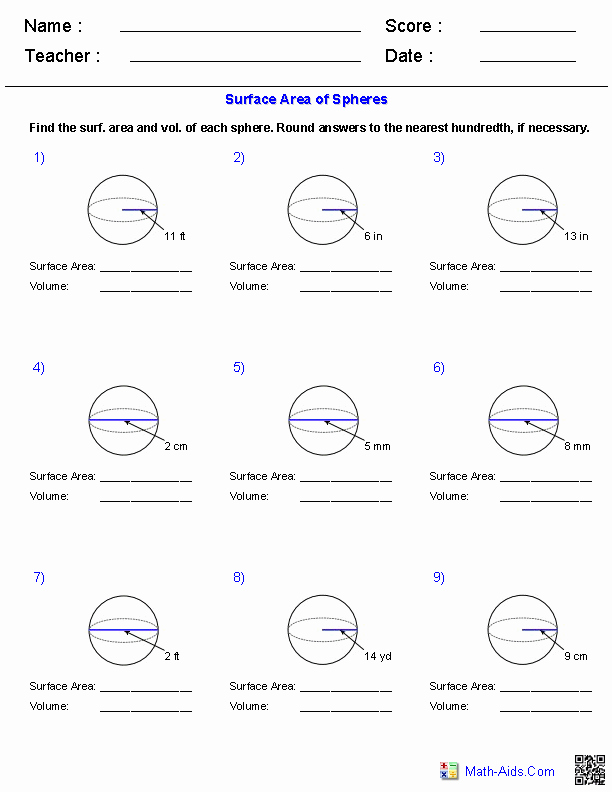Volume Of Sphere Worksheet Awesome Spheres Surface area &amp; Volume Worksheets