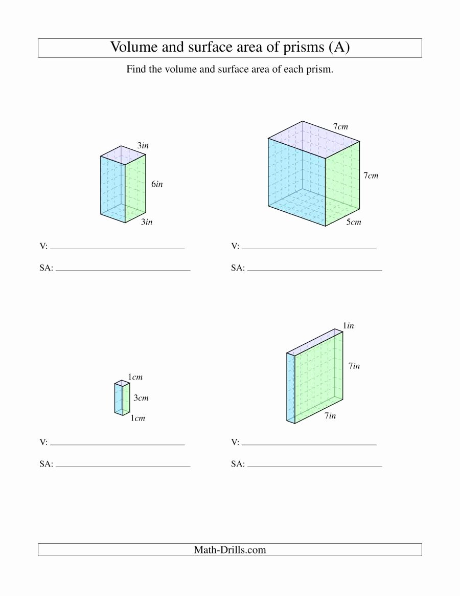 Volume Rectangular Prism Worksheet Unique Volume and Surface area Of Rectangular Prisms with whole