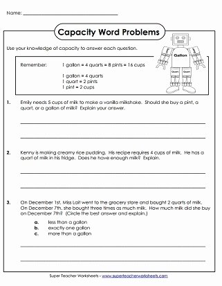 Volume Word Problems Worksheet Elegant Capacity Worksheets Gallons Quarts Pints and Cups