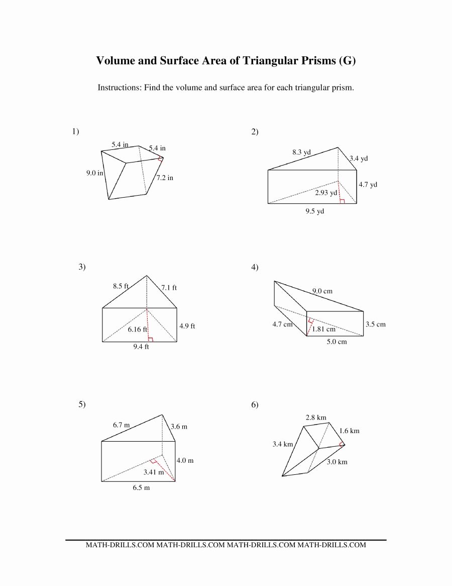 Volumes Of Prisms Worksheet Lovely Volume and Surface area Of Triangular Prisms G
