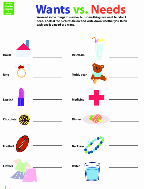 50 Wants Vs Needs Worksheet