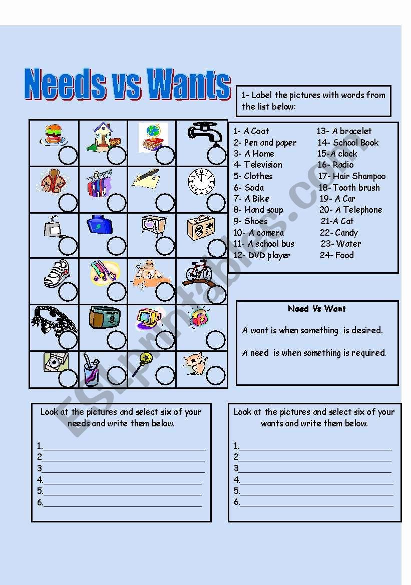 50 Wants Vs Needs Worksheet