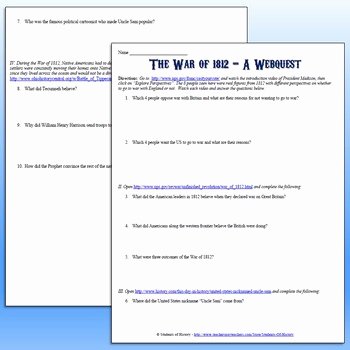 War Of 1812 Worksheet Awesome War Of 1812 Webquest by Students Of History
