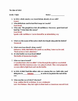 War Of 1812 Worksheet Best Of Grade 7 History War Of 1812 Quiz by Countryside Creations