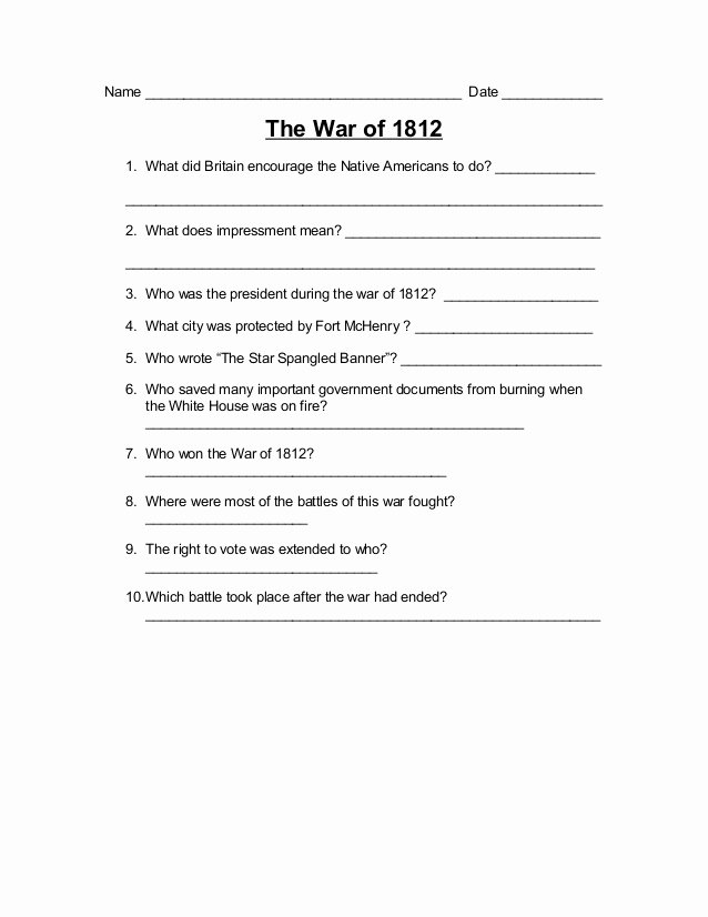 War Of 1812 Worksheet Best Of the War Of 1812 Worksheet