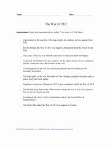 War Of 1812 Worksheet New War Of 1812 True or False Activity 9th 12th Grade