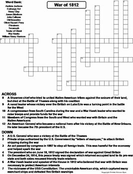 War Of 1812 Worksheet Unique the War Of 1812 Worksheet Crossword Puzzle by Science