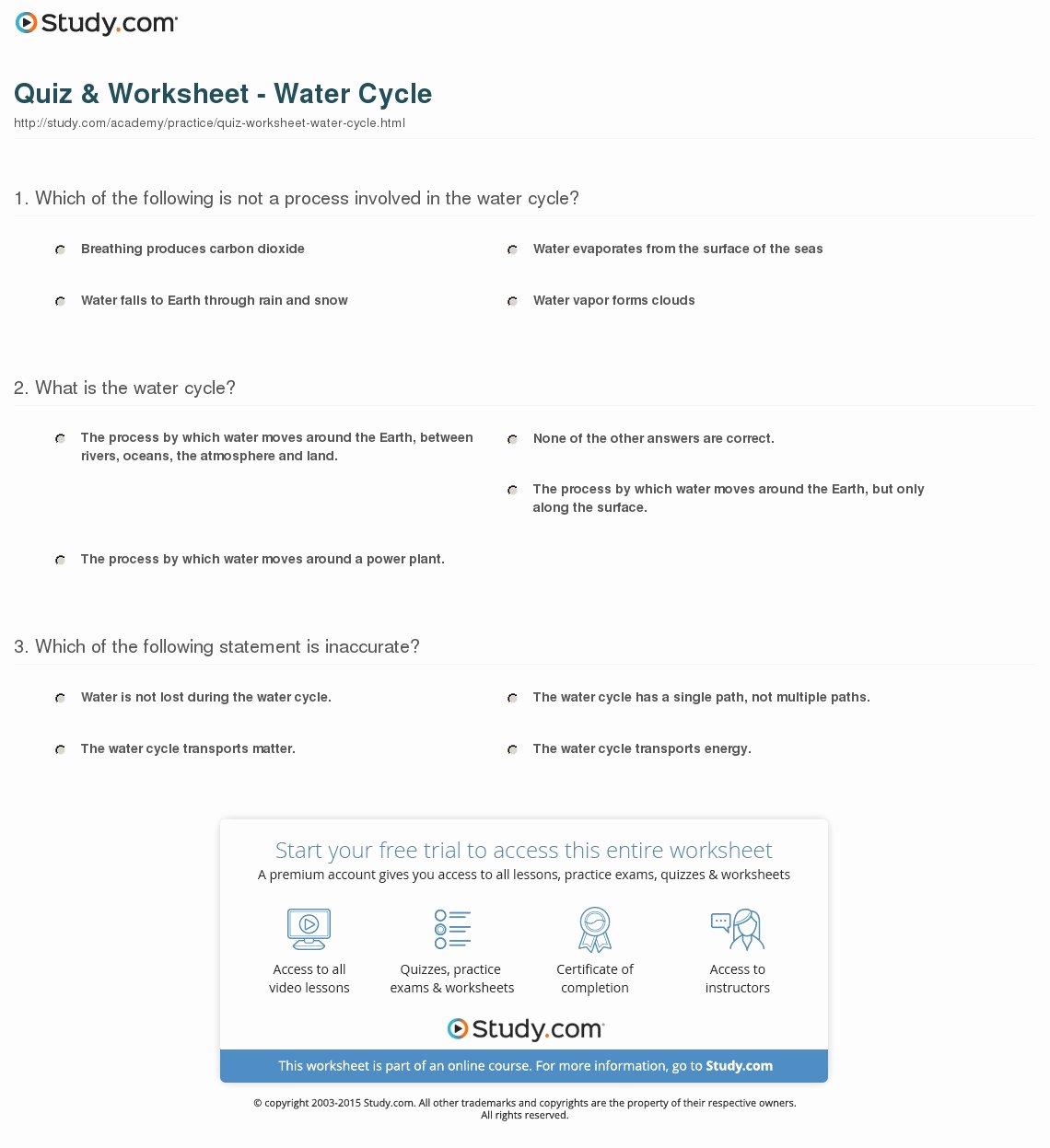 Water Cycle Worksheet Answer Key New Quiz &amp; Worksheet Water Cycle