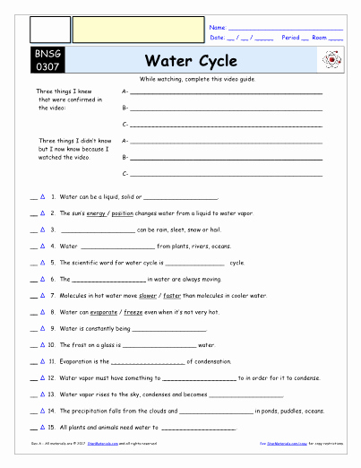 Water Cycle Worksheet Answer Key Unique Worksheet for Bill Nye Water Cycle Video