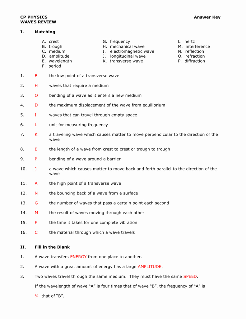 Wave Review Worksheet Answer Key Awesome Cp Physics Brookwood High School
