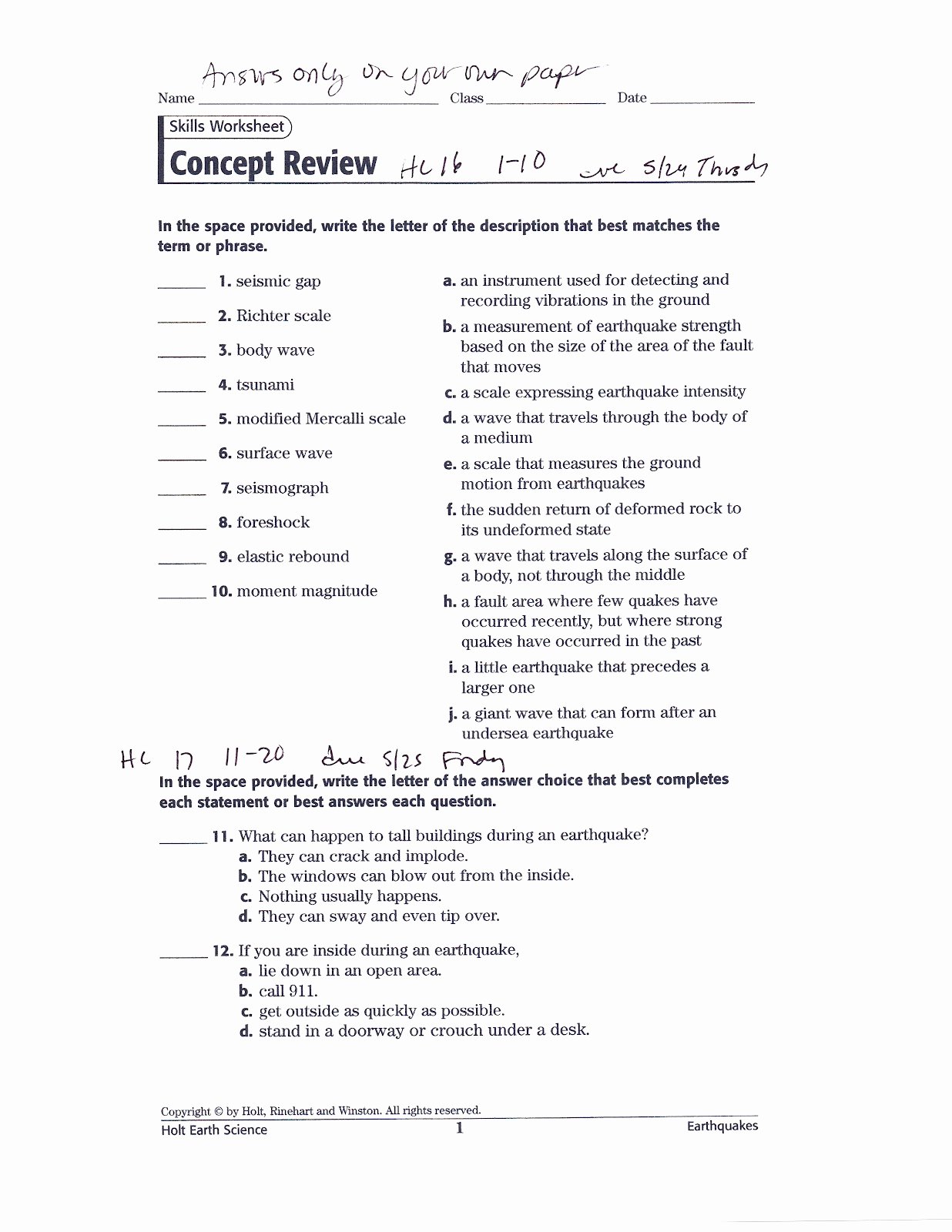 Waves Review Worksheet Answer Key Luxury Note Taking Worksheet Earthquakes Section 1 Answers