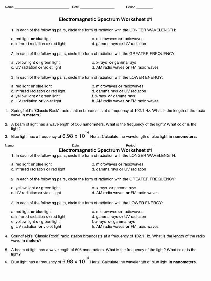 Waves Review Worksheet Answer Key New Light Waves Chem Worksheet 5 1 Answer Key