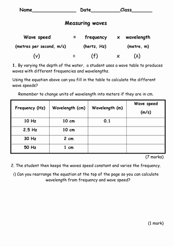 Waves Worksheet Answer Key Best Of Measuring Wave Speed Frequency Wavelength by Wondercaliban