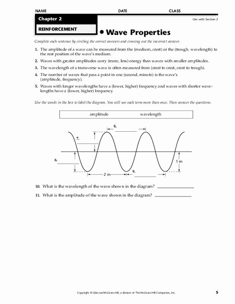 Waves Worksheet Answer Key Elegant Wave Properties Worksheet for 9th 12th Grade
